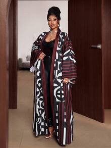 Maweii 大码女式条纹几何印花宽松睡袍复古休闲撞色外套