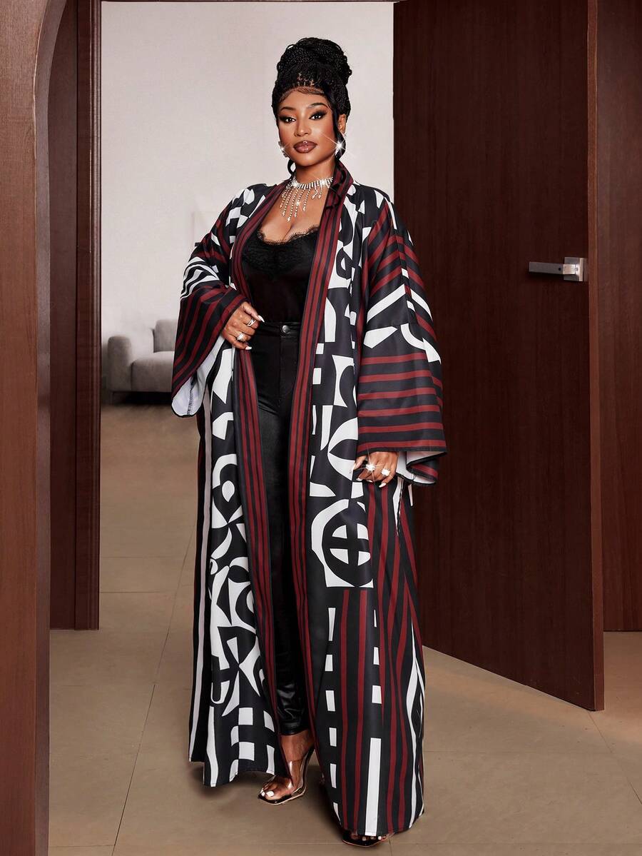 Maweii 大码女式条纹几何印花宽松睡袍复古休闲撞色外套