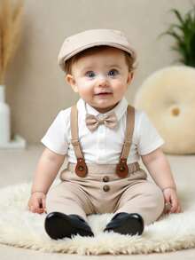 Bộ quần áo lịch sự 3 món cho bé trai: Áo liền quần cổ trắng kèm nơ, quần kaki có dây đeo điều chỉnh được và mũ lịch lãm, thích hợp cho tiệc sinh nhật, tiệc chiêu đãi, biểu diễn, đám cưới, tiệc mừng em bé chào đời, lễ kỷ niệm sinh nhật lần thứ nhất và các dịp khác. Bộ đồ lịch lãm cho bé, bộ tuxedo cho trẻ sơ sinh, bộ vest cho bé, bộ quần áo cổ điển cho trẻ sơ sinh, trang phục cưới ngày lễ cho bé, trang phục mùa hè. - Nhiều màu - Xem 1