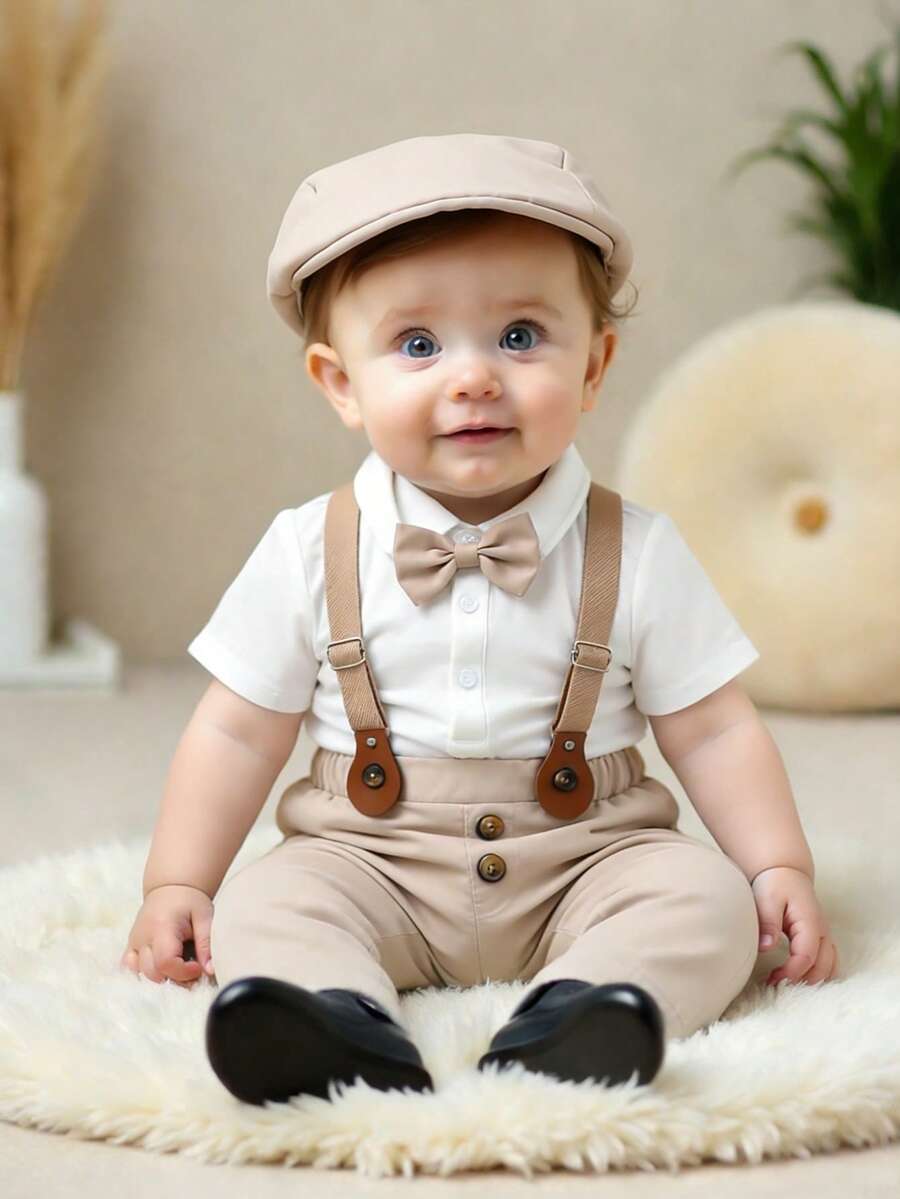 Bộ quần áo lịch sự 3 món cho bé trai: Áo liền quần cổ trắng kèm nơ, quần kaki có dây đeo điều chỉnh được và mũ lịch lãm, thích hợp cho tiệc sinh nhật, tiệc chiêu đãi, biểu diễn, đám cưới, tiệc mừng em bé chào đời, lễ kỷ niệm sinh nhật lần thứ nhất và các dịp khác. Bộ đồ lịch lãm cho bé, bộ tuxedo cho trẻ sơ sinh, bộ vest cho bé, bộ quần áo cổ điển cho trẻ sơ sinh, trang phục cưới ngày lễ cho bé, trang phục mùa hè. - Nhiều màu - Xem 1