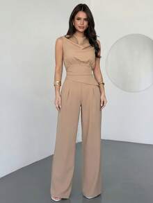 Firerie Set de damă cu top, guler drapat, tiv neregulat, culoarea cămilă, și pantaloni ușor evazați cu picior drept, set de pantaloni de culoare uni, set la modă modern, set elegant pentru naveta, set șic, set fără mâneci, îmbrăcăminte de primăvară/toamnă/iarnă, ținută elegantă, pentru naveta, business, casual, minimalistă, de lucru, ținută de Ziua Profesorului - Cămilă - Vizualizare 11