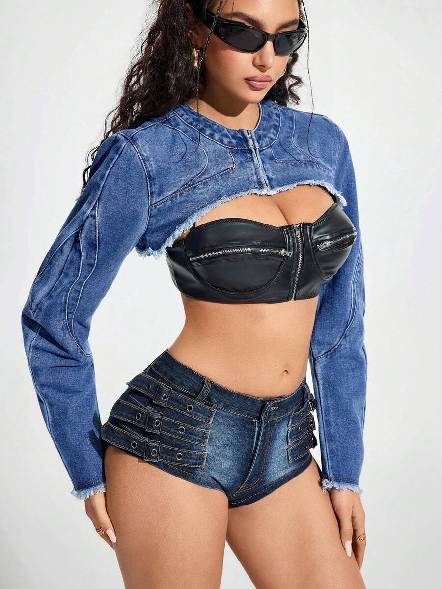 SHEIN Unity Chaqueta corta de mezclilla de unicolor de moda para mujer - Azul - Ver 1