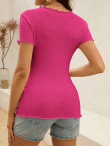 SHEIN Top de manga corta ajustado con borde de lechuga acanalado para maternidad - Rosa Fucsia - Ver 2