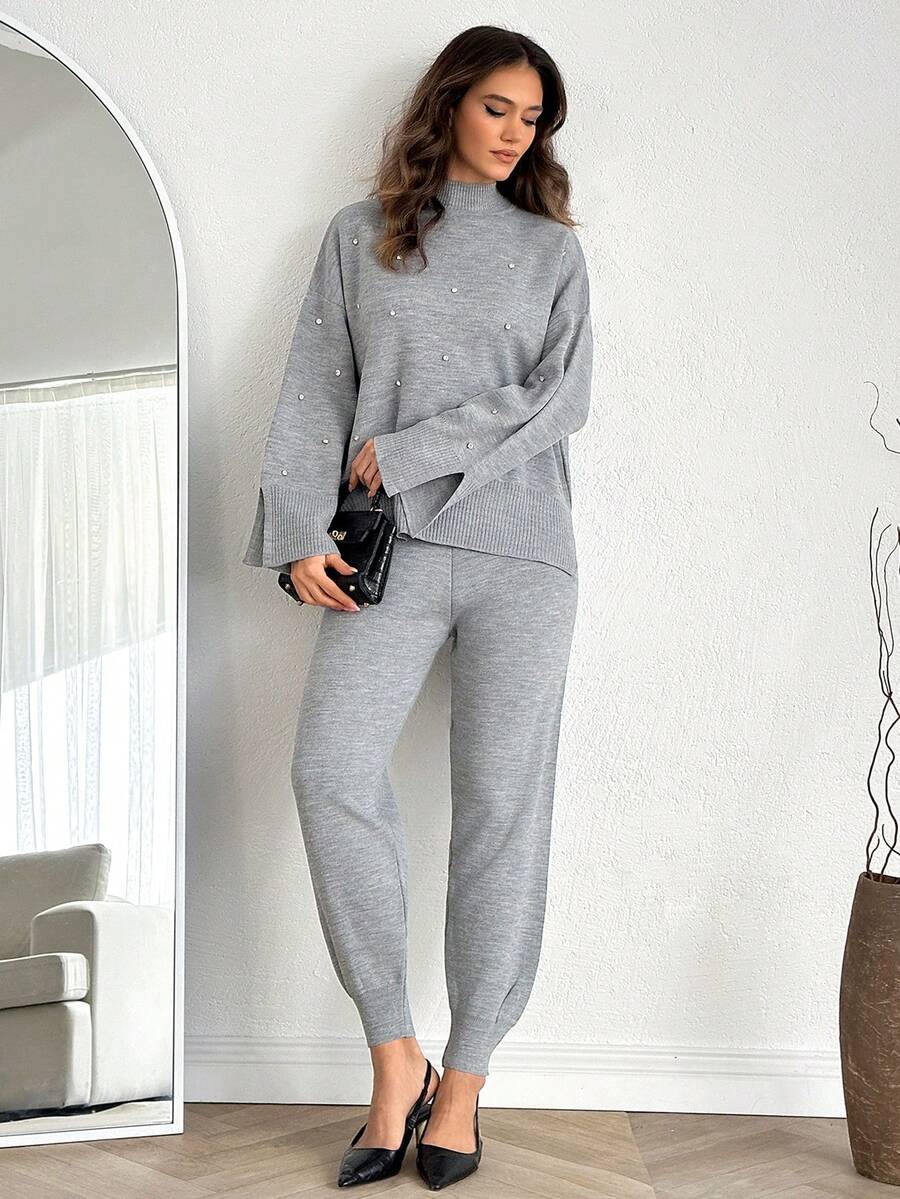 EURMUSE Set de 2 piezas de mujer con suéter de unicolor casual y pantalones largos con decoración de rhinestones, para otoño/invierno - Gris Claro - Ver 1