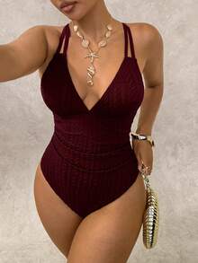 SHEIN Glamour 女士夏季编织连体泳衣，紫红色面料，独特背部设计，时尚简约，适合海滩和度假村穿着 - 中紫紅色 - 查看 6