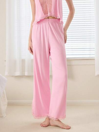 Ocili Soft & Comfortable Cotton Lace Trim Baby Pink Drawstring Hem Pajama Pants For Women