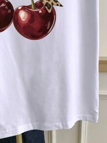 Resyla 大码女式休闲日常通勤豹纹蝴蝶结樱桃图案圆领短袖T恤 - 白色 - 查看 3