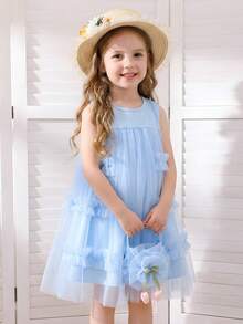 Young Girl' Blue Frill Trim Mesh Sleeveless Dress With 3D Tulip Flower, Blue Crossbody Bag, Elegant Summer Party Dress, Holiday Outfit - Blue - View 3