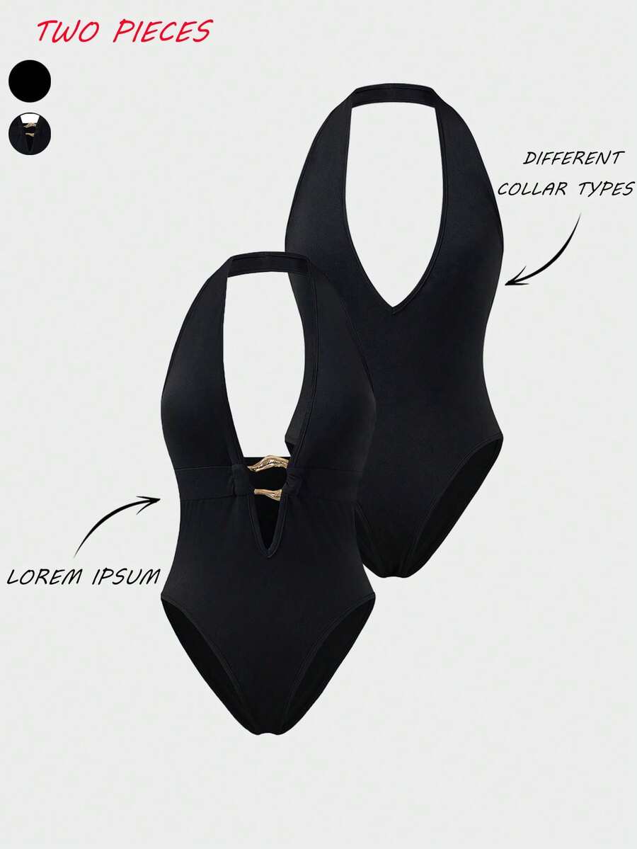 SHEIN LUNE Women's Sexy V-Neck Halter Backless Bodysuit - Black - View 1