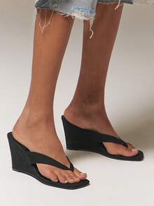 SHUZIA Women's Square Toe Thong T Strap Slide High Wedge Sandals - Black - View 2