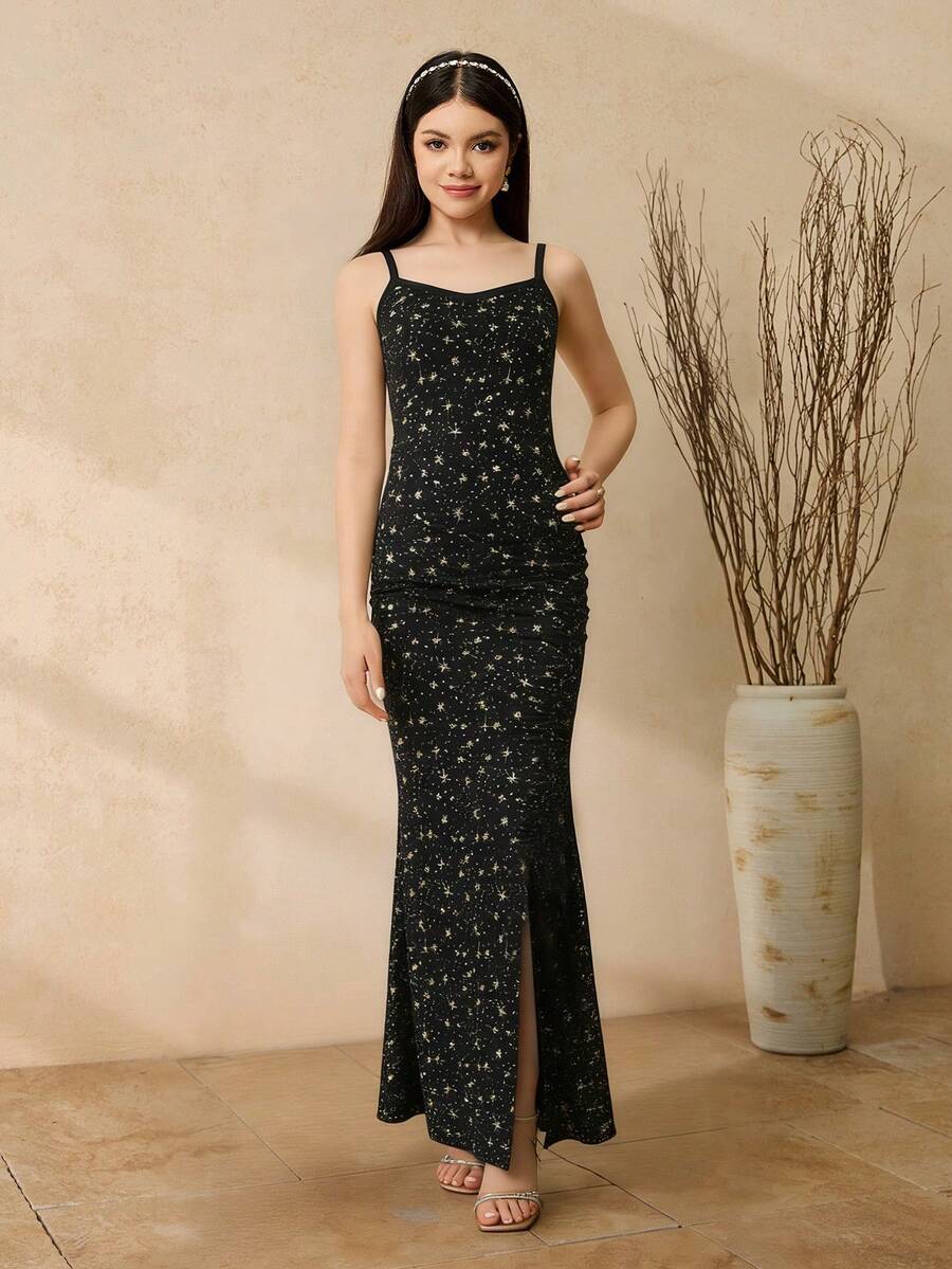 优雅时尚无袖高腰修身开衩设计金属光泽面料连衣裙,适合少女参加舞会、圣诞派对、生日等场合,藏蓝色 - 黑色 - 查看 1