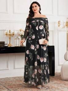 Modelyn Plus Size Elegant Floral Print Off-Shoulder Dress - Black - View 3