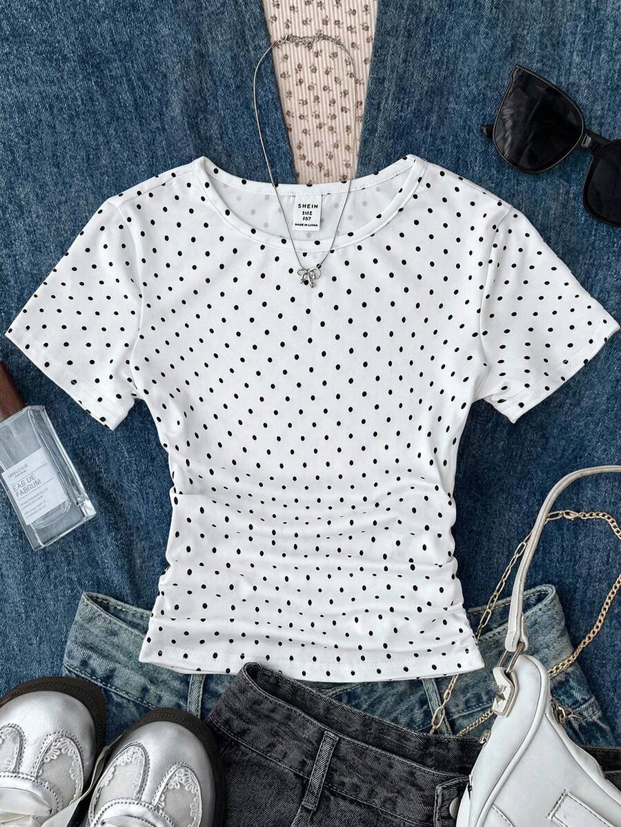 SHEIN Tween Girl White Knit Casual Minimalist Polka Dot Print Ruched Waist Cropped Top, Suitable For Spring/Summer, Casual, Personalized Styling, Daily Wear, Girls Casual Tops - Black and White - View 1