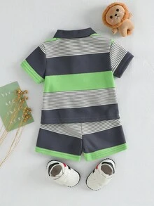 SHEIN Playful Pals 男婴休闲可爱小熊刺绣徽章条纹短袖polo衫和短裤套装，适合夏季穿着 - 彩色 - 查看 2