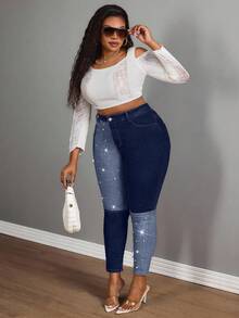 Slaydiva سراويل جينز نسائية سكيني مخصصة بتصميم فني مبتكر مزينة باللؤلؤ، لون أسود، مقاسات كبيرة، مناسبة للنساء في موسم الخريف وحفلات الرعاة - أزرق داكن - مشاهدة 6