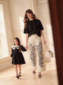 SHEIN 女童黑色长袖连衣裙，荷叶边领口设计，甜美可爱，适合搭配家庭装 - 黑與白 - 查看 2