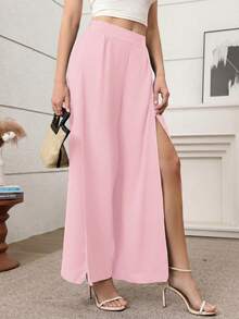 Breezaya 女士休闲舒适派对纯色高开衩宽松阔腿裤 - 粉色 - 查看 3
