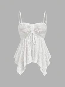Sweetra Áo camisole cỡ lớn, màu trơn, thêu rỗng, vạt bất đối xứng, chất liệu jacquard. - trắng - Xem 7