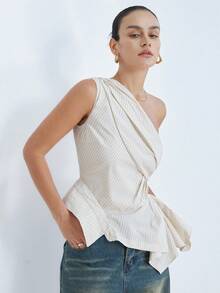 Ciel Poise 不对称条纹不对称领口无袖衬衫，欧式风格，解构设计，休闲工作两相宜的百搭女式上衣 - 彩色 - 查看 9