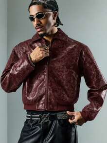 ROMWE MEN Street Life Men's Leather Jacket With Textured Zipper, Fashionable Casual Long Sleeve Outerwear - Burgundy - View 1