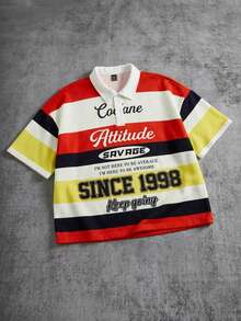 Manfinity ZONE917 宽松短款粗条纹撞色多标语POLO衫，版型宽松，适合约会和聚会，送给男朋友的绝佳礼物 - 彩色 - 查看 1