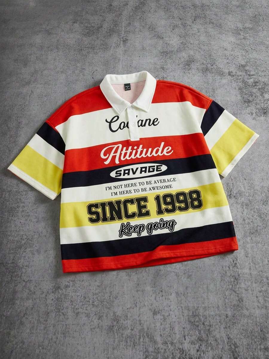 Manfinity ZONE917 宽松短款粗条纹撞色多标语POLO衫，版型宽松，适合约会和聚会，送给男朋友的绝佳礼物 - 彩色 - 查看 1