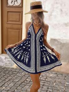 Brillora Women's Sleeveless Backless Printed Mini Dress, Vacation Style, Spring/Summer,Summer Dress,Summer Dresses For Women,Summer Outfits,Spring Outfit Women,Spring Break Outfits,Spring Dress Women,Valentine Outfits For Women,Carnival Women Look 2026,Beach Dress,Elegant Party Dresses For Women,Vacation Dress - Navy Blue - View 6