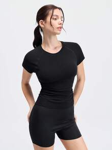 Loungeista 1件女士褶皱胸衣，竹纤维短袖修身塑形上衣，显瘦透气舒适T恤 - 黑色 - 查看 5