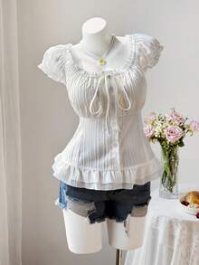 Sweetra Cute Casual Puff Sleeve Cinched Waist Button-Front Short Sleeve Summer Shirt - White - View 6