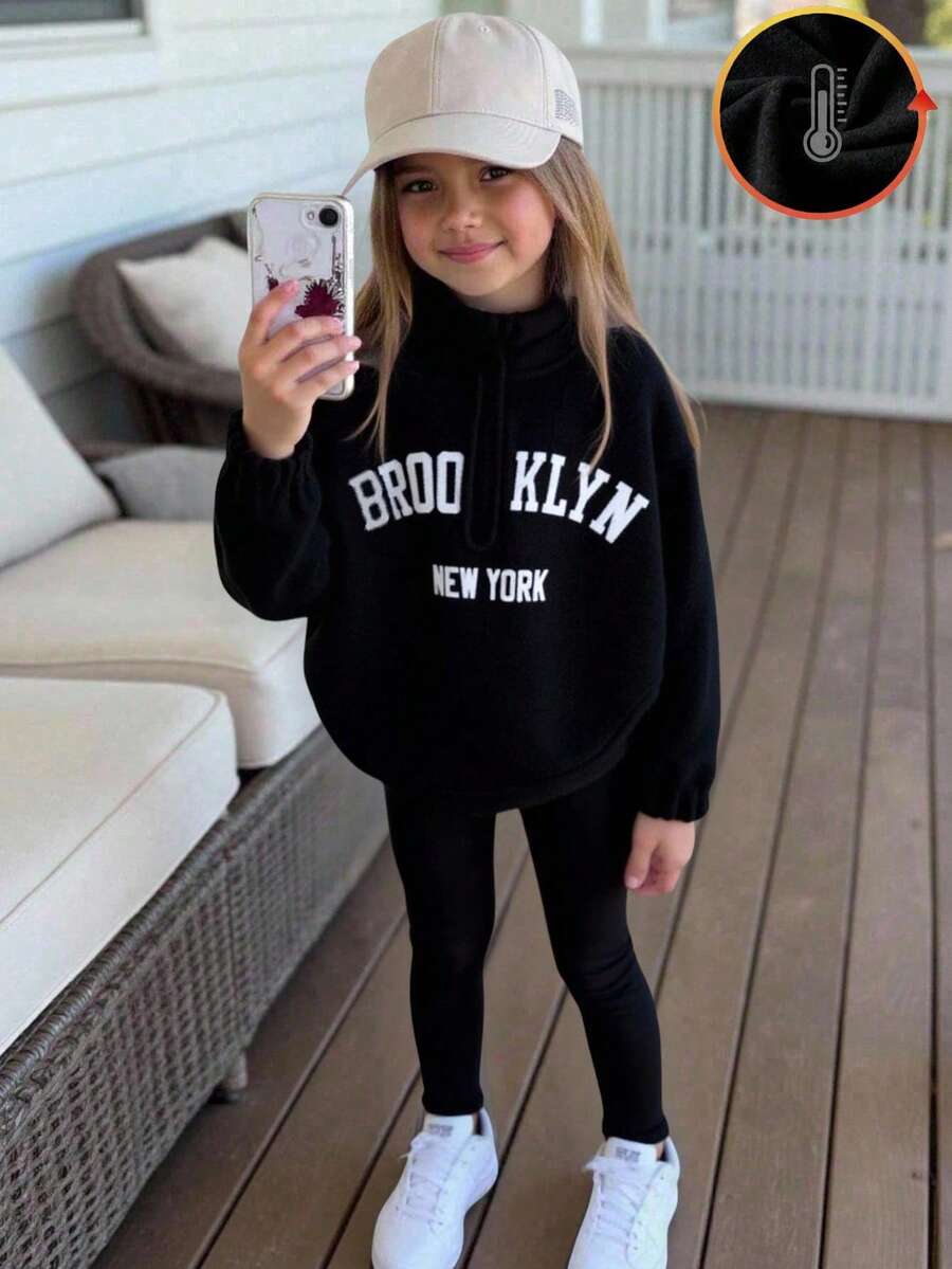 女童秋冬新款绒面字母刺绣高领半拉链弧形下摆长袖上衣和黑色磨毛打底裤套装 - 黑色 - 查看 1