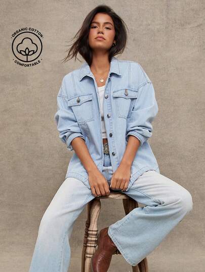 WESTFADE Striped Denim Jacquard Collared Button Front Long Sleeve Oversized Denim Shacket Shirt Jacket
