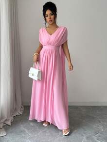 Elenzga Đầm maxi nữ màu trơn chất liệu chiffon, có lớp lót, xếp ly eo, dây rút điều chỉnh, vai rớt, kiểu dáng thanh lịch, cổ điển Pháp, lãng mạn và tối giản, phù hợp cho công sở, đi làm, kinh doanh, thường ngày, đi biển, hẹn hò, phong cách boho, mùa xuân/hè. - Hồng - Xem 8