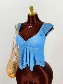 Amplova 女士褶皱前片修身性感网纱拼接短袖露背休闲度假短款背心 - 藍色 - 查看 3