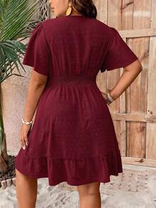 EMERY ROSE Plus Size Casual Burgundy V Neck Wrap A Line Dress With Flounce Sleeves And Hem Knee Length Perfect For Summer Vacations - Burgundy - View 2