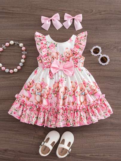 SHEIN 这款女婴休闲、简约、可爱的无袖连衣裙，饰有精美的印花图案，非常适合生日派对、晚间活动、表演、婚礼、洗礼、开幕式、日常穿着、上学、郊游以及秋冬季节。