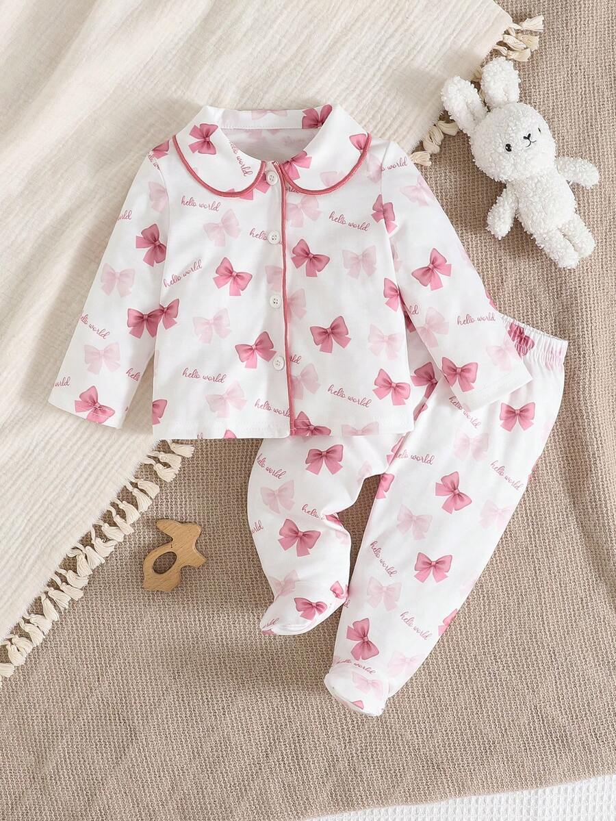 SHEIN Babygirl Cute Knitted Bow Long Sleeve Pajama Set, Casual Sleepwear
