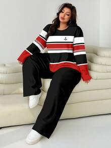 SHEIN EZwear Set da 2 pezzi per taglie comode: maglietta ampia a collo tondo e pantaloni a gamba dritta - Multicolore - Visualizzare 4