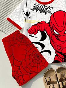 SHEIN Young Boy Casual T-Shirt Set, Classic Cool Cartoon Spider Hero, Spider Pattern, Spider Web, Graphic Print, Suitable For Spring/Summer