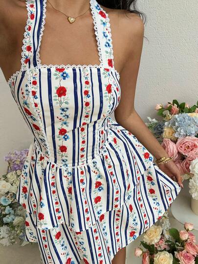 Franclia Women's Strapless Dress With Bow Tie, Adjustable Straps, Waist Cinching, Rose Flower Print, Valentine's Day Double-Layer Dress, Women's Summer Dress, Perfect For Dates And Gatherings.