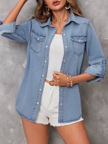 EMERY ROSE 女士休闲前扣翻盖口袋牛仔衬衫，秋季款 - 淺色水洗藍 - 查看 5