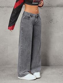 SHEIN Tall Fashionable Casual Washed Mid-Rise Wide Leg Jeans - Grey - View 4