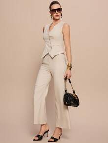 Leighera Bộ vest và quần ống loe màu trơn thanh lịch dành cho nữ, thích hợp cho công sở, mùa hè. - Màu be - Xem 5