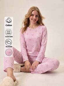 Loomlin Zestaw piżam damskich, bawełnianych, 2 szt., w paski i wzór bot, uroczy