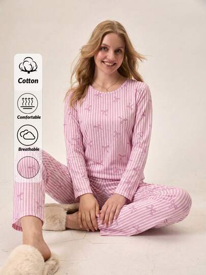 Loomlin Randigt och bomullsmönster för kvinnor, söt pyjamasset