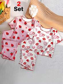 2件套女婴睡衣套装，心形嘴唇+草莓印花针织圆领撞色滚边长裤，春夏款 - 彩色 - 查看 1
