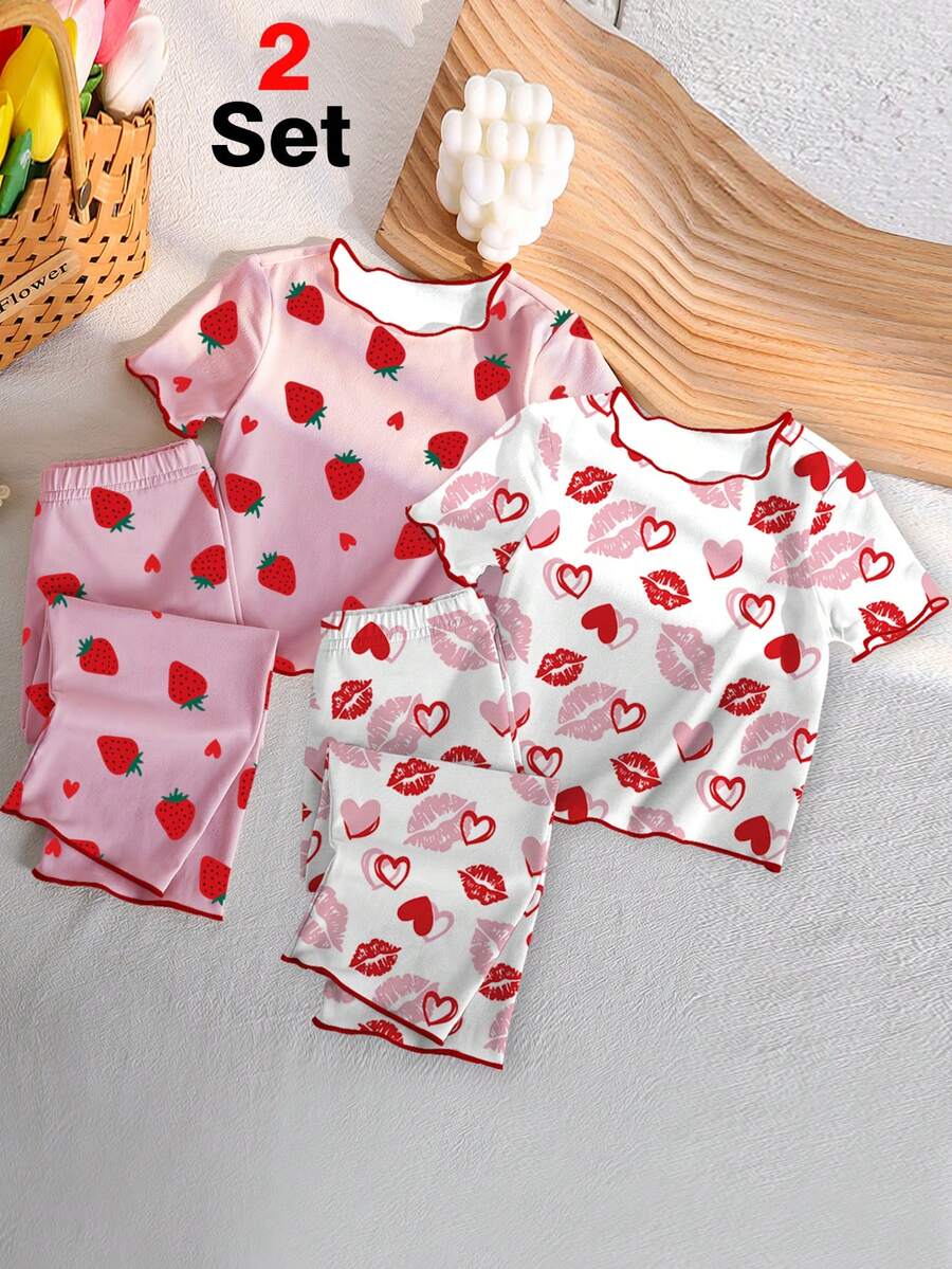 2件套女婴睡衣套装，心形嘴唇+草莓印花针织圆领撞色滚边长裤，春夏款 - 彩色 - 查看 1