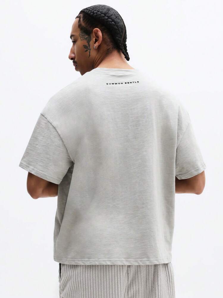 SUMWON Men's Crew Neck Slub Texture Short Sleeve Regular Fit Cotton T-Shirt With Chest Logo Casual Summer Basic Tee