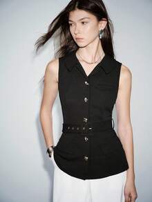 Lumivelle Chaleco sin mangas con cuello negro, con botones decorativos cuadrados, elegante y de moda a la francesa para el trabajo y uso casual, primavera/verano - Negro - Ver 1