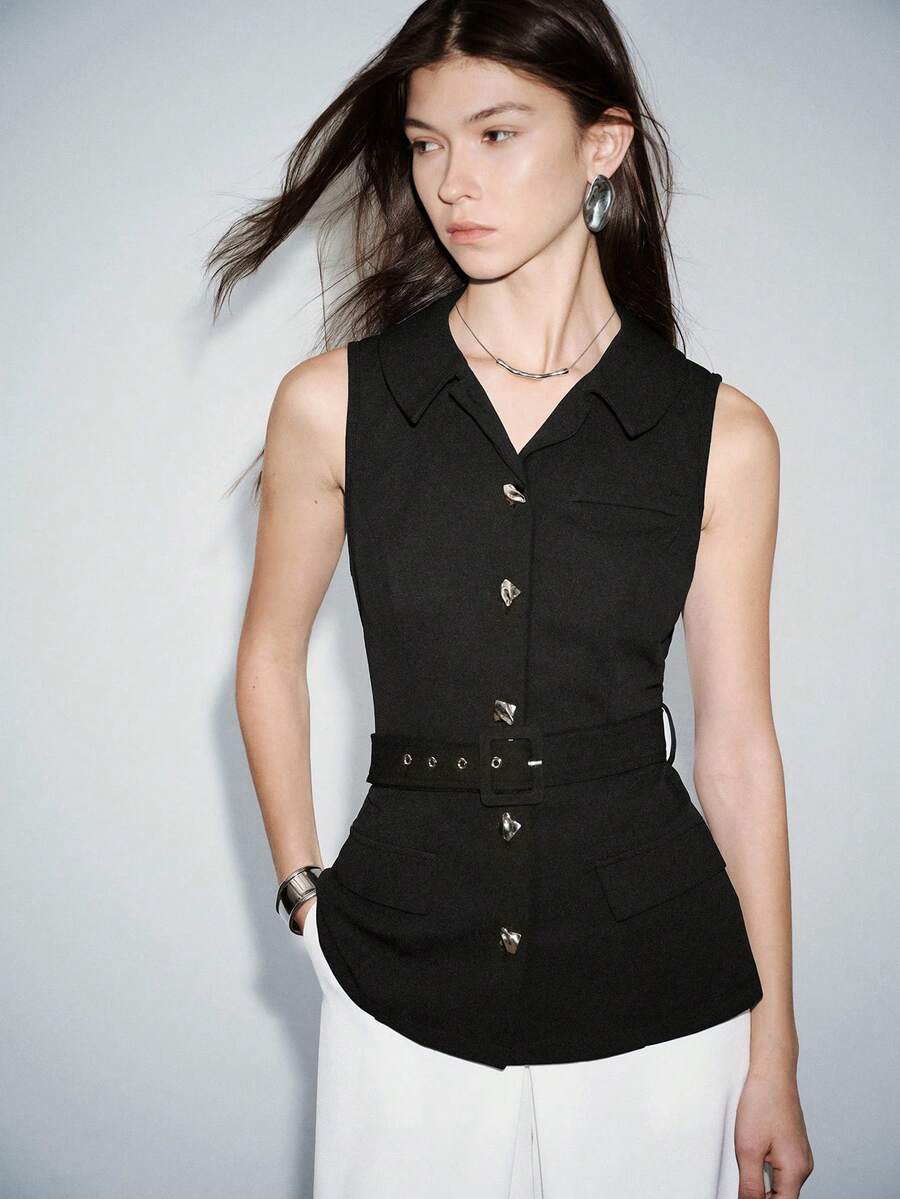 Lumivelle Chaleco sin mangas con cuello negro, con botones decorativos cuadrados, elegante y de moda a la francesa para el trabajo y uso casual, primavera/verano - Negro - Ver 1