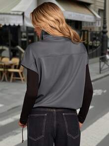 Glamine Women's High Collar Zip-Up Drawstring Hem Gray Jacket - Grey - View 2